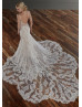 Long Sleeve Beaded Ivory Lace Tulle Deep V Buttons Back Wedding Dress